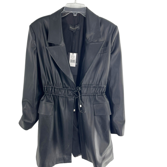 NWT Selmacilek Womens Leather Trench Collar Mini Dress Flap Pockets Size S Black - Picture 2 of 14